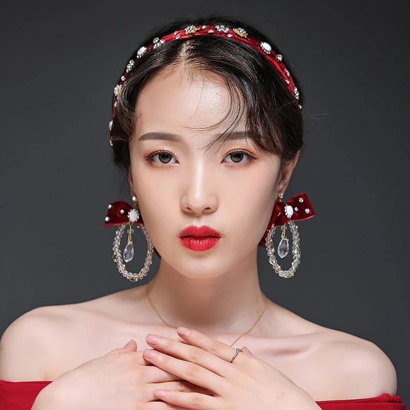 Chinese Wedding Hot Crystal Bow Hair Band Earrings Set Hand-knitted Bridal Tiara Wedding Dress Accessories Jewelry Set