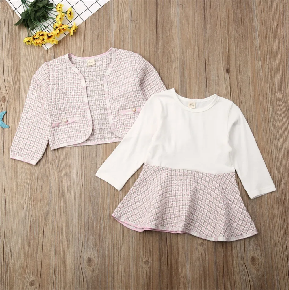 Autumn Winter Party Kids Clothes For Baby Girl Fashion Pageant Plaid Coat Tutu Dress Outfits Suit Toddler Girl Clothing Set