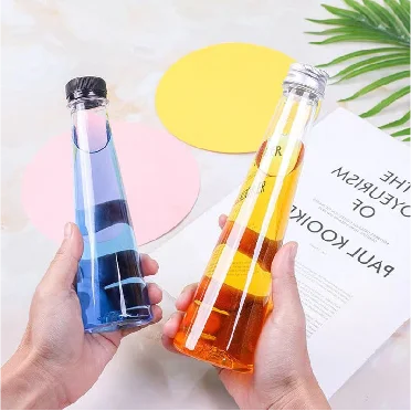New Design 140ml 200ml 250ml 300ml 350ml 450ml Cone Shape PET Plastic Juice Bottle For Milk Tea liquor wine Beverage Packing
