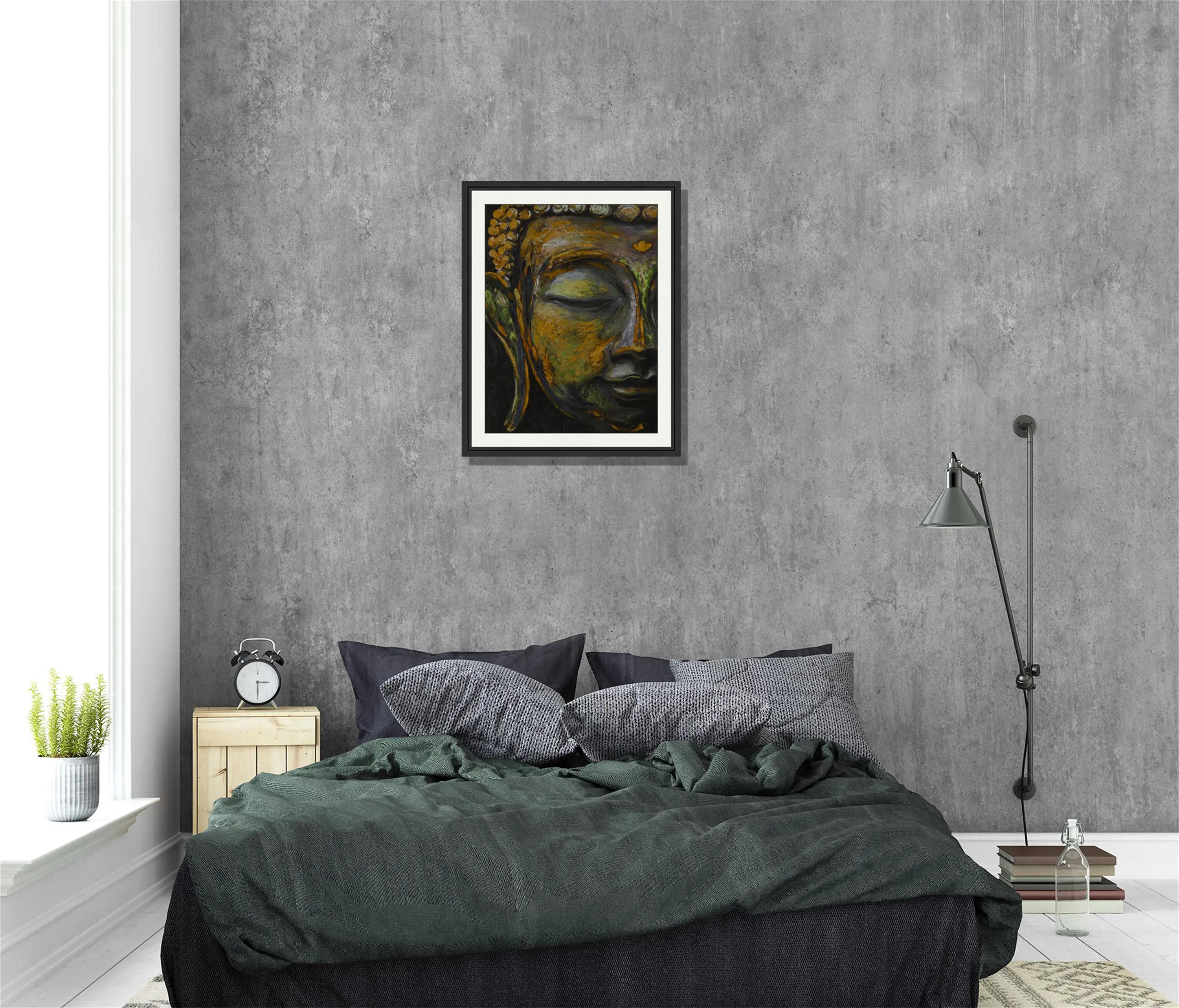 Hand Painted Colorful Buddha Green Bronze Brown Statue Hand Made Framed Matted 3D Brushstroke Texture for Home Decor