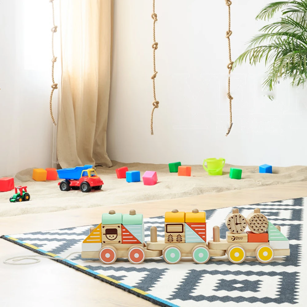 Classic World Wooden Educational Toys Infant Girl Boy Push and Pull Train with Stackable Blocks for Babies