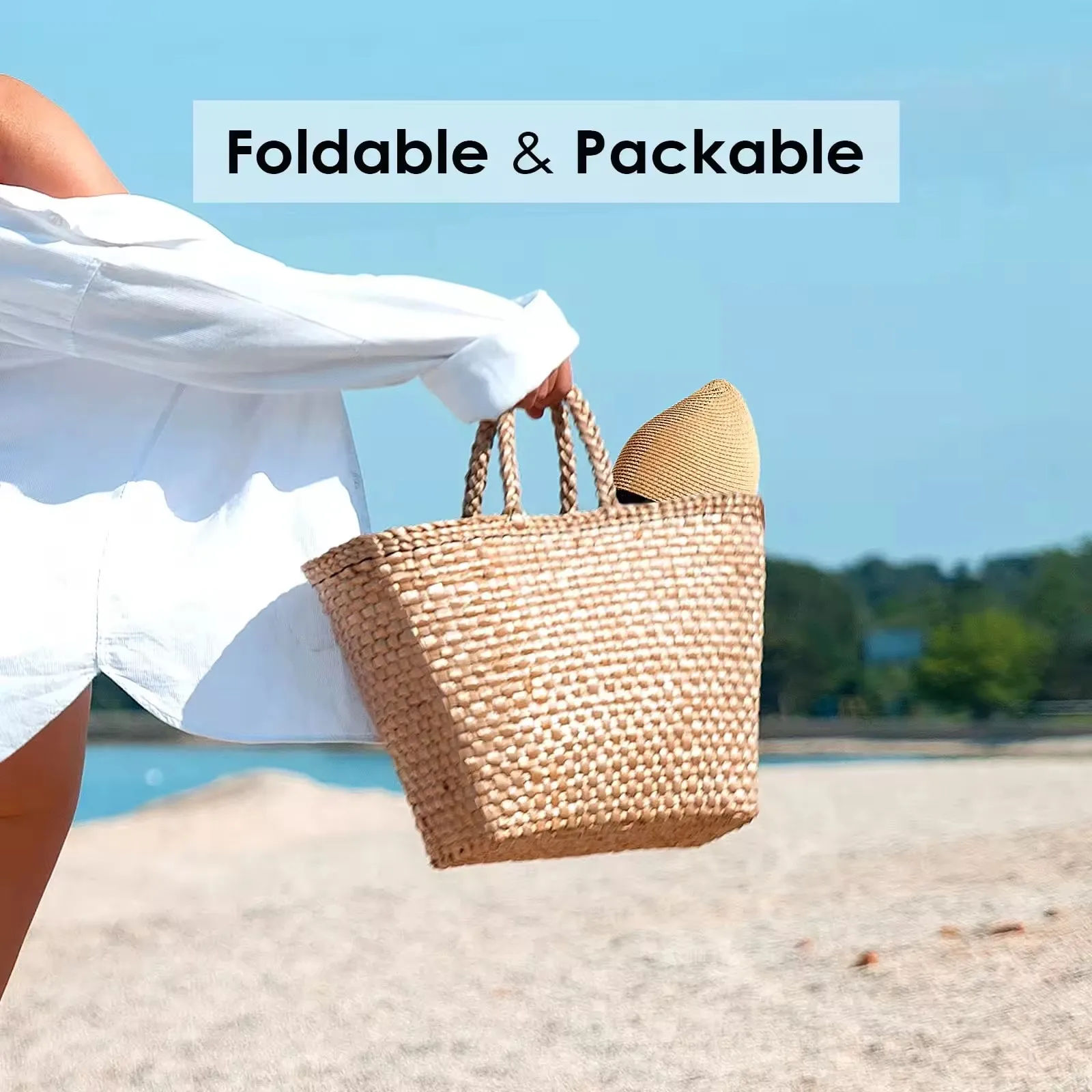 Wide Flat Brim Hat UV Protection Foldable Roll up Embroidery Sequin Greeting From Summer Beach Travel Big Floppy Straw Hats