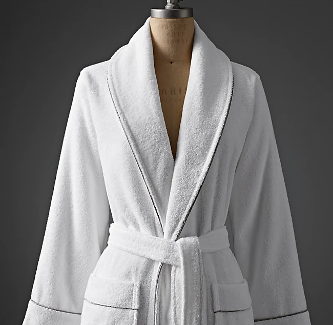 Wholesale Customized Logo Shawl Collar Piped Bath Robe 100% Cotton Hotel Terry cloth Spa Bathrobe with Black Piping