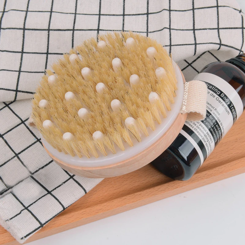 Оптовая продажа, круглая деревянная щетка для сухого тела с натуральной щетиной и резиновым массажером