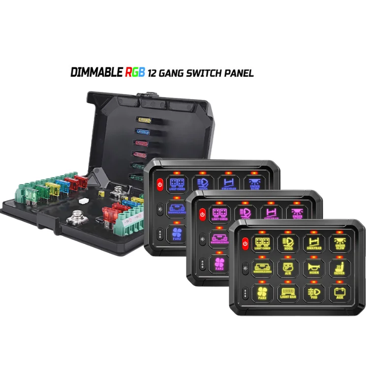 RGB 12 Gang Switch Panel, Multifunction Auxiliary Switch Pod Momentary Strobe Circuit Control Box