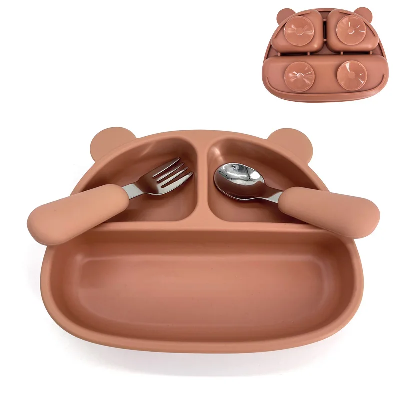 BPA-Free Food Grade Silicone Baby Plate in Animal Shape with Spoon Fork Straw for Kids