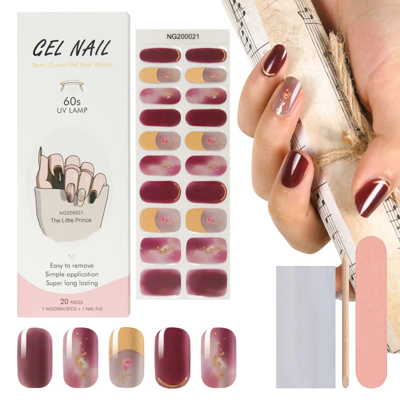 Huizi factory wholesale Korean gel nail wraps custom UV Lamp semi cured gel nail strips