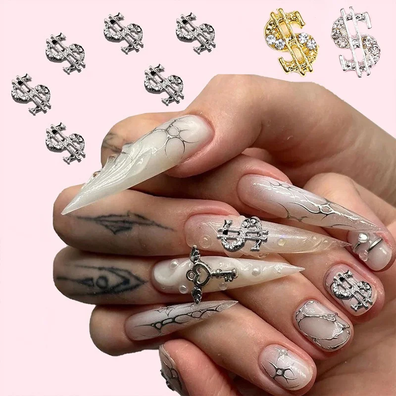 3D 10pcs US Dollar Sign Nail Charms Silver Gold Coin Symbol Nail Figures Decoration Rhinestones Metal Money Nail Charm