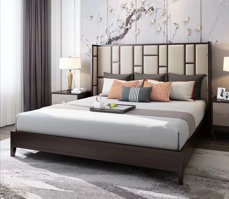 hongye good quality hotel furniture back royal king size buttoned european interior design wooden leather double  bed