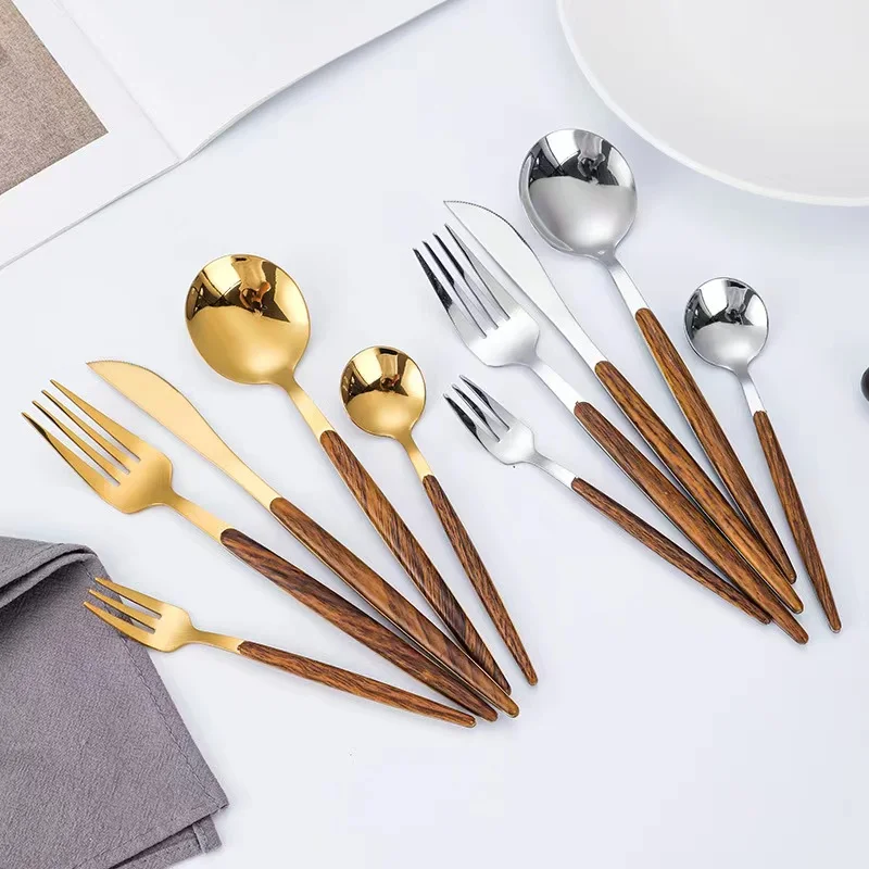Многоразовые столовые приборы из нержавеющей стали пластиковая деревянная ручка набор столовых приборов для свадьбы Португалия