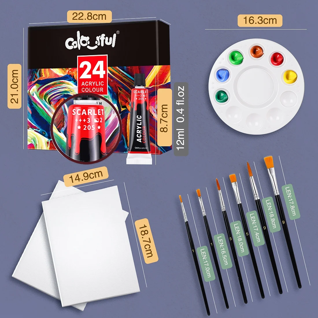 Lanpo Craft Acrylic Paints Set with 6 brushes ,1 palette 24 Colors Art Painting Kit for Wood,Canvas,Fabric,Rock,Glass