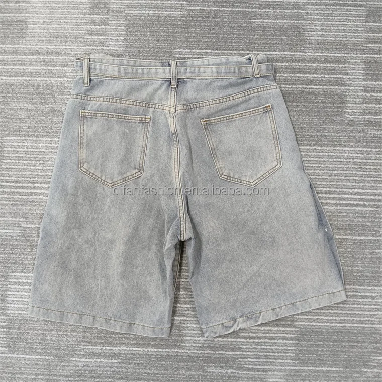 Custom Oversized Jeans Side Buttons Fade Wash Denim Shorts for Men