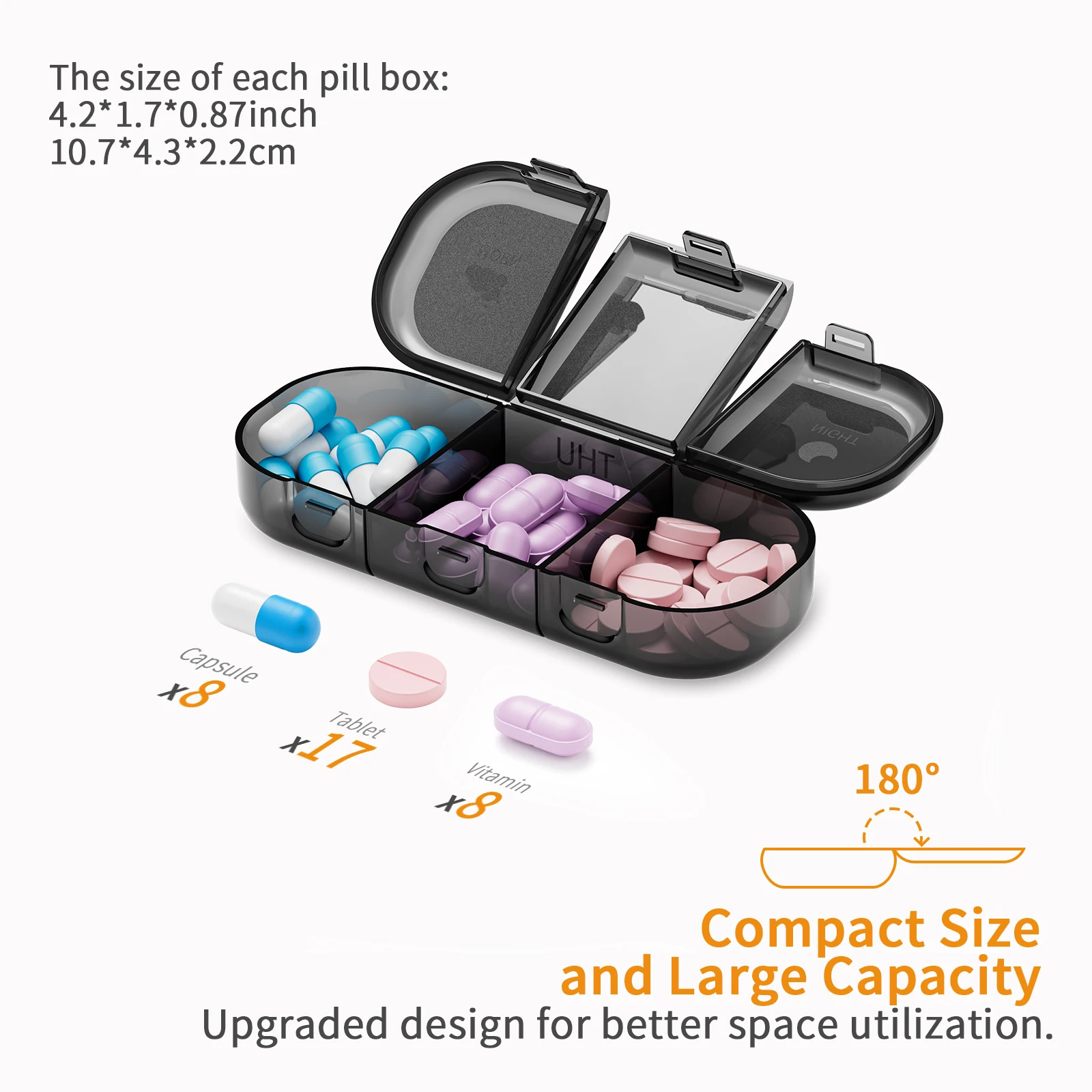 2024 New Arrival 7-Day Tablet Pill Box for Vitamins 175x130x50mm Size 3x7 Grids