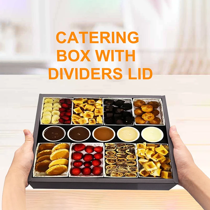 100% Recycled Kraft Paper Black Party Chocolate Cookie Dessert Boxes Catering Packaging Platter Box With Dividers Lid