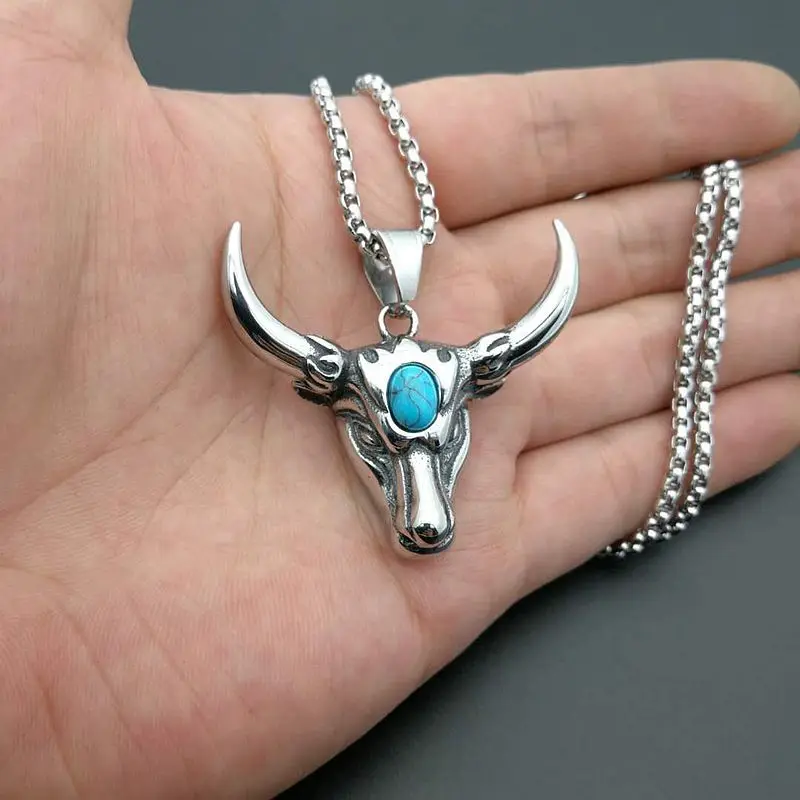 Vintage punk jewelry stainless steel turquoise bull head necklace