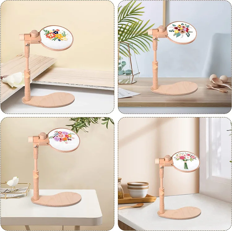 Hands Free Sewing Craft Beech Wood Needlework Cross Stitch Stand Holder Adjustable Rotated Embroidery Hoop Floor Stand
