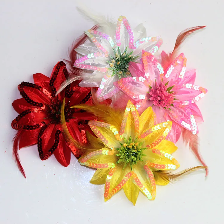 Event Wrist flower wedding party decor beauty sequin flower hair clip with feather