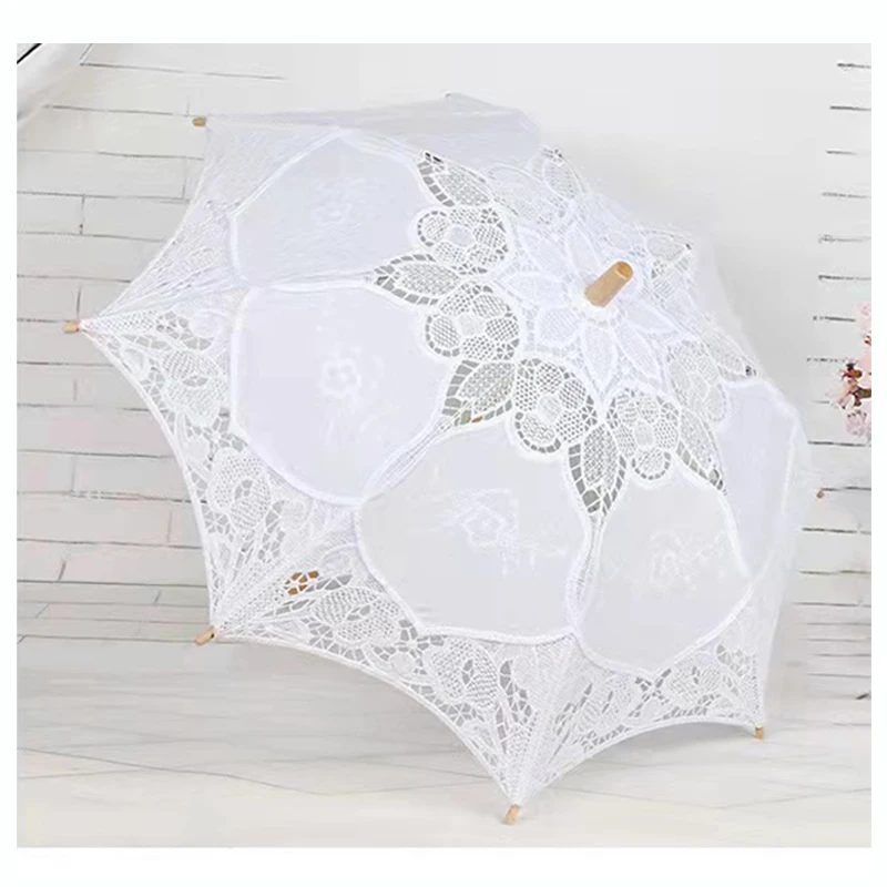 Модный пользовательский кружевной вышитый бамбуковый Свадебный зонтик для невесты белый Хлопковый зонтик