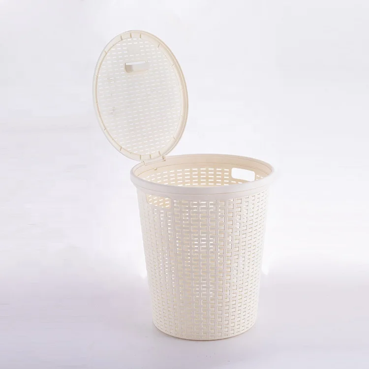 Rattan Design Round Shape Plastic Laundry Basket with Lid Dirty Clothes Sorter Plastic Laundry Hamper