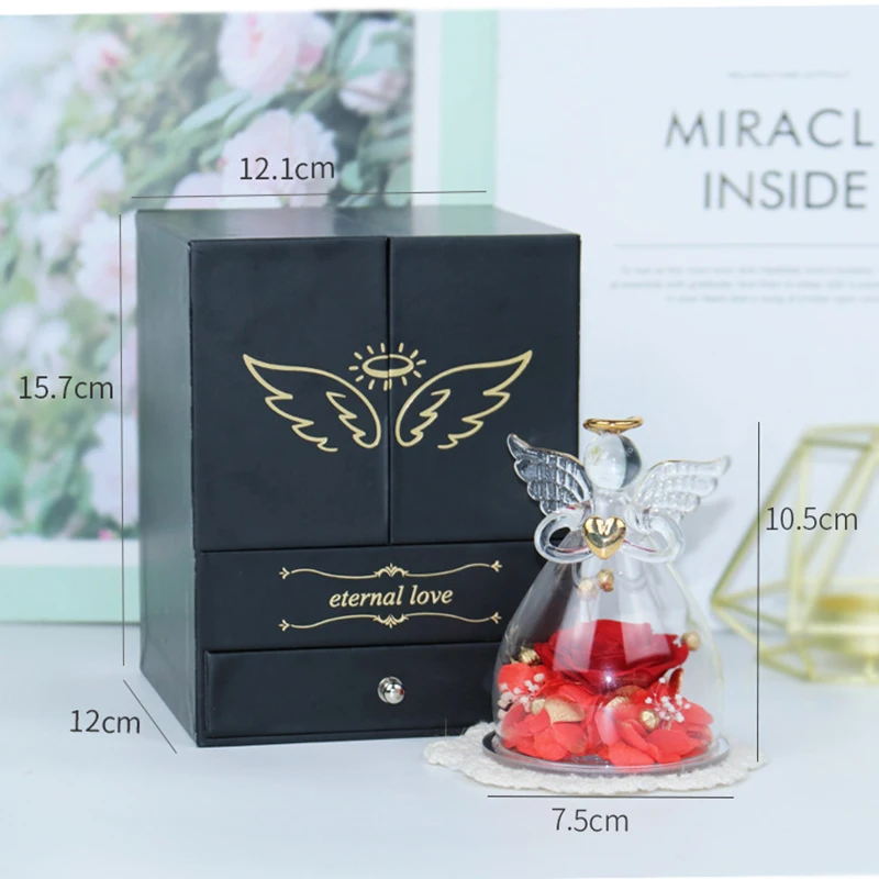Mothers Day Gifts Double-Open Jewelry Gift Box Eluxury Ternal Rose Jewelry Box Angel Preserved Rose In Glass Dome for Women