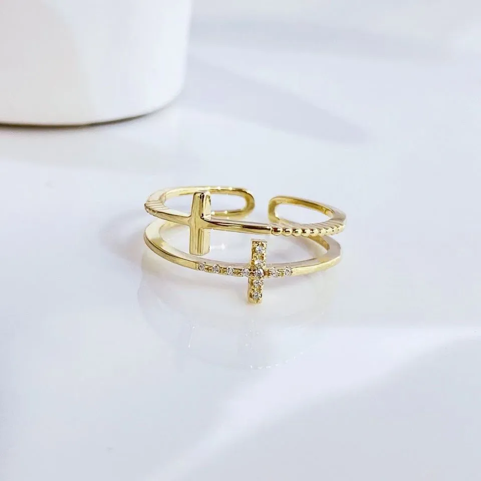 9JL11K Sterling Silver Gold Plated Cross Ring Modern Rings Jewelry
