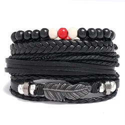 Fashion feather beaded Jewelry Handmade Woven Vintage multilayer Bracelet DIY 4 pieces set bracelets for men and women