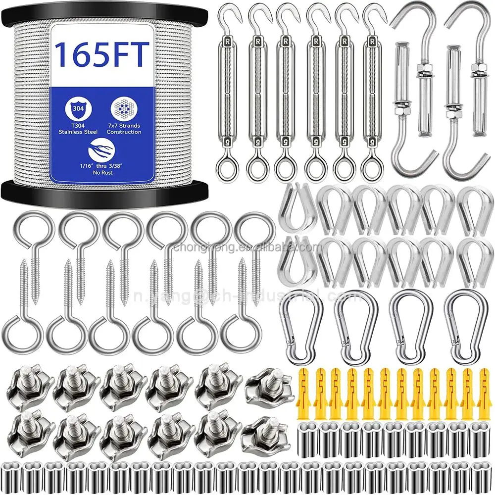 Vinyl Coated Aircraft Cable 50M/165FT 304 Stainless Steel Wire Cable 1/16 Wire Rope Steel Cable Wire Tensioner Kit