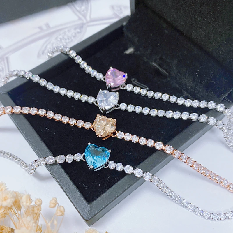 Fancy Tennis Chain With Sweet Pink Blue Heart Shape Pendant Necklace Bracelet Girl Fine Jewelry Silver Plated Choker Tennis Link