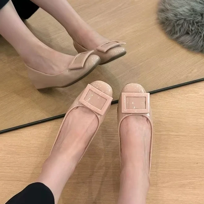 Simple Casual Leather Office Flat Shoes For Women Square Head Leather Ballet Flat Shoes