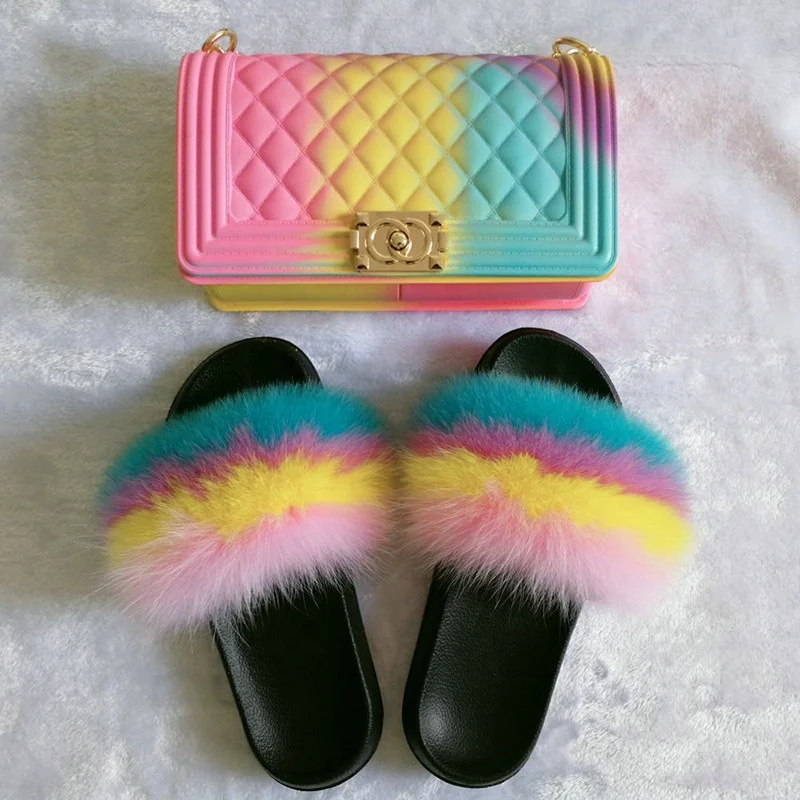 Wholesale Real Fur Slides And Matching Purse Set Rainbow Color Fox Fur Slides Slippers And Cross-body Jelly Bag Set