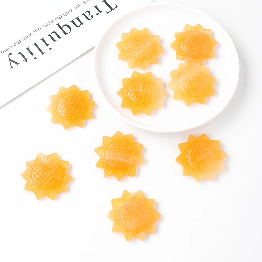 Natural crystal carving yellow calcite sunflower stone crafts family collection healing gifts home decoration