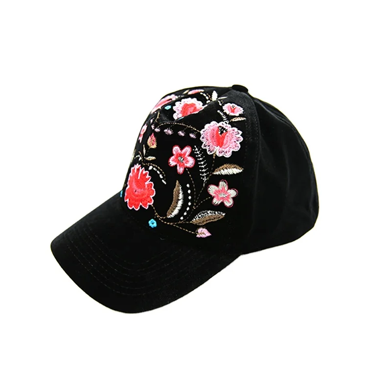 Custom Available Ladies Embroidered Velvet Black Flower Baseball Cap Funky Vintage Cotton Low Profile Baseball Cap