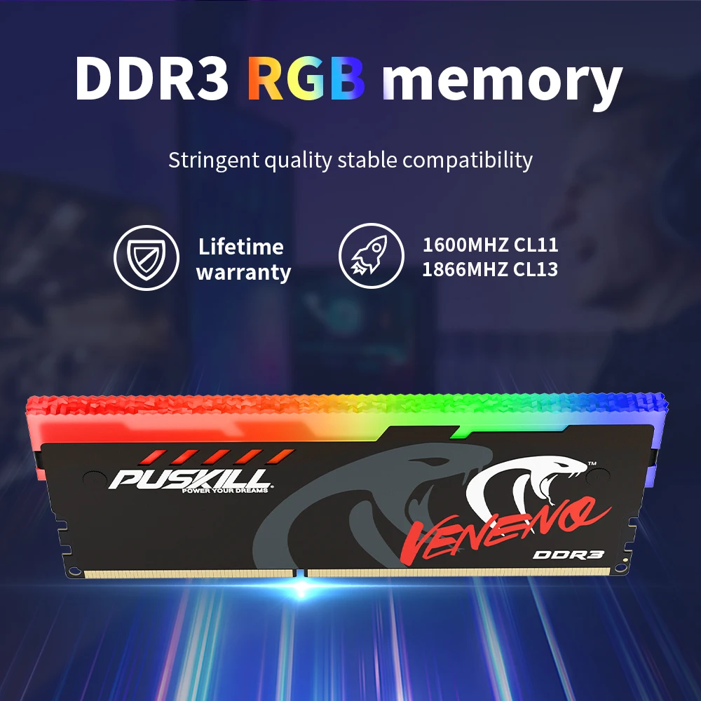 PUSKILL DDR3 RGB Desktop RAM 1.5V 1333MHz 1600MHz 4GB/8GB Capacity Compatible with ECC Function