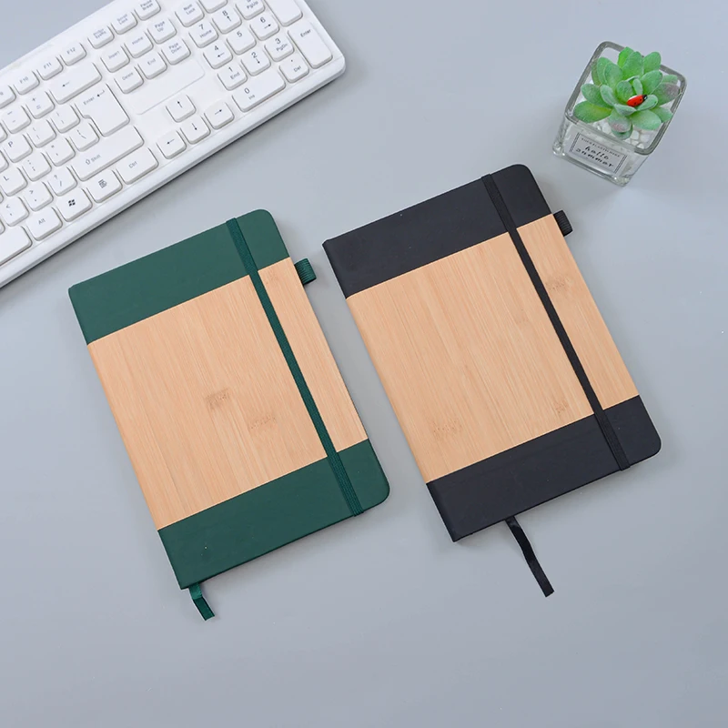 Custom logo A5 Bamboo PU Hardcover Notebook with Pen Holder and Elastic Band Journal 80 Sheets notebooks