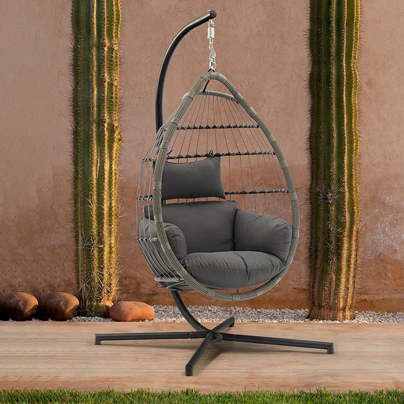 Wholesale Foldable Outdoor Indoor Furniture Modern Balcony Patio Garden Rattan Basket Egg Hanging Swing Cushion Chair With Stand