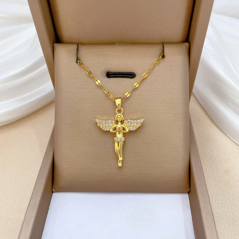 Gold Chain Necklaces Pray Angel Wing with Cubic Zircon Charm Necklace Jewelry Exquisite Gold Plated Cute Necklace For Woman