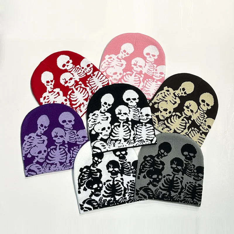 Low MOQ Custom Beanie Manufacturers All Over Print Jacquard Y2K Gothic No Cuff Fold Cuffless Winter Skull Cap Knit Hat with Logo