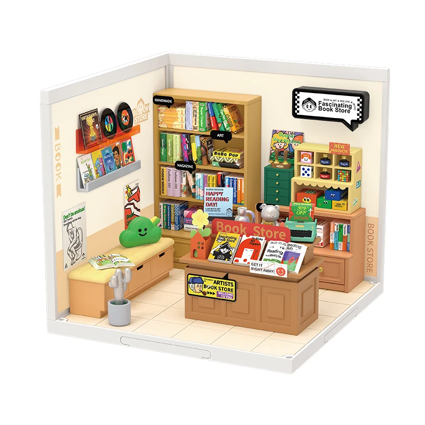 Robotime Rolife Wholesale Plastic Puzzle DW004 Fascinating Book Store Novelty Gifts DIY Miniature Doll House With Light