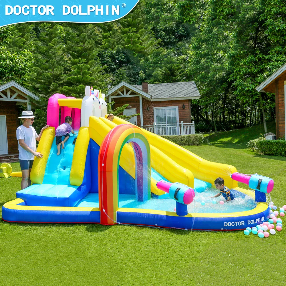Doctor Dolphin Special Colorful Large Pool Inflatable Bounce House Water Slide Jumping Castle For Kids