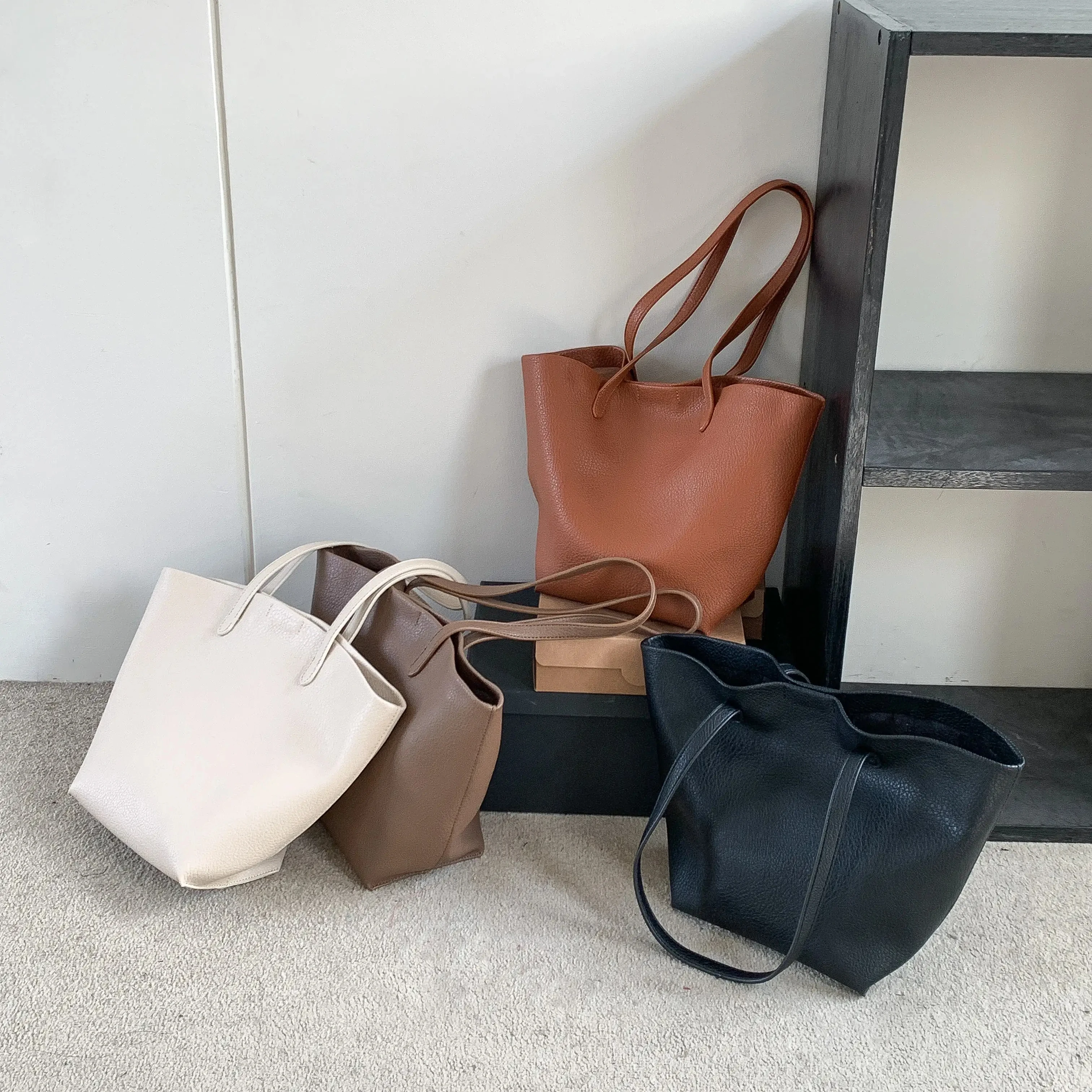 Retro casual soft lychee leather tote bag for women big shoulder bag