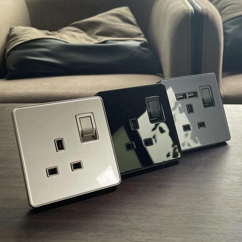 Home luxury wall charging power switch with usb wall outlet, speed switch electrical black glass lamp switch socket button
