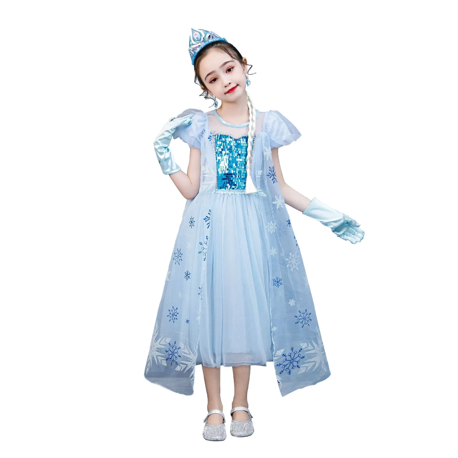 Fashion Anna Dress Short Puff Sleeve Blue Bling Sequined Snow Elsa Halloween Fancy Cosplay Dress For Girls