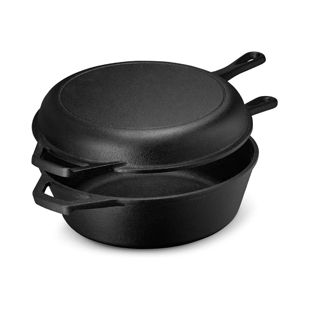 Pre-Seasoned 3 Quart Cooking Pot Camping Kitchen Cookware Casserole Frying Pan Skillet Set Double Cast iron Camp Dutch Oven