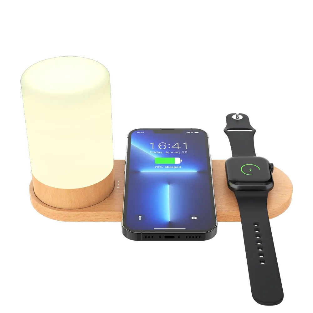 2022 Latest Wooden design 3 in 1 Wireless Charger Led desk Lamp Mobile Phone watch wireless charging LED RGB night light