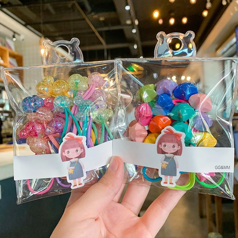 Korean style glitter elastic hair bands heart shape two beads hair ties ponytail holder for school girls