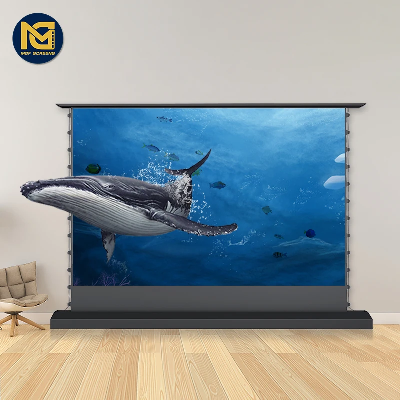 MGFscreens 92inches Electric tab-tensioned floor screen ambient light rejecting folding rollable ALR obsidian screen projector