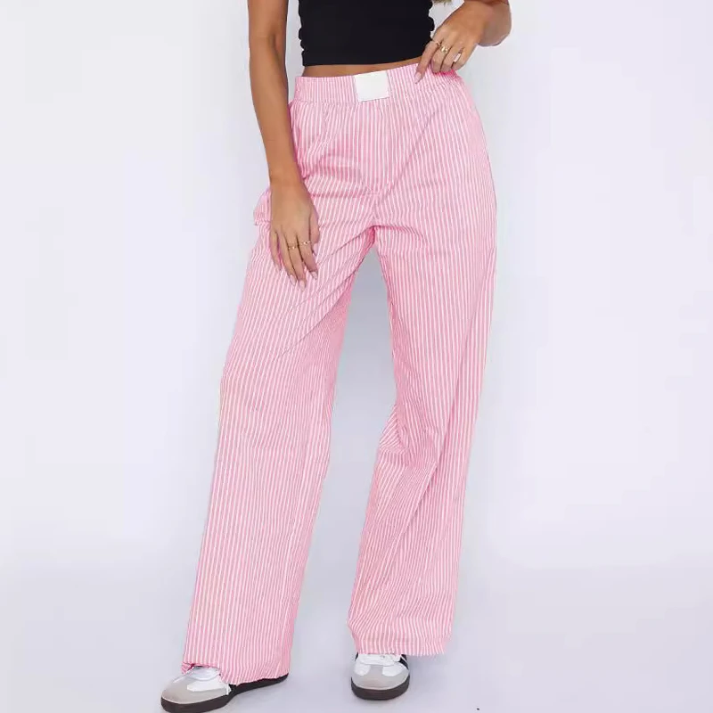 Cotton Poplin PJS Trousers Womens Custom Brand Patches Lounge Pant Wide Leg Striped Pajama Pants Striped Cotton Lounge Pants