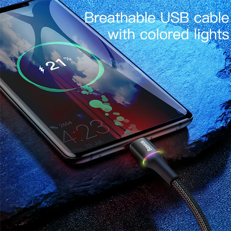 Поддержка кабеля baseus tech Led Usb Type-c с дышащей Цветной