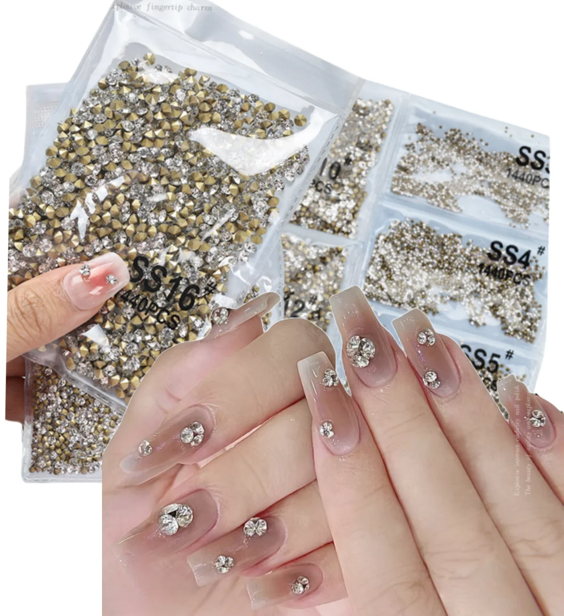 Hot 1440pcs SS3-SS20 Pointed Gold Bottom Crystal Clear Diamonds 3D Stones Nail Art Decorations Nails Shiny Glitter Point Stone