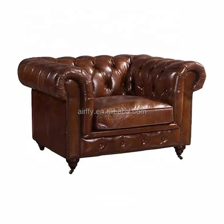 AIRFFY OEM/ODM Manufacturer Tufted Comfortable genuine Leather Chesterfield Accent Chair & Sofa  Handcrafted Wood button couch